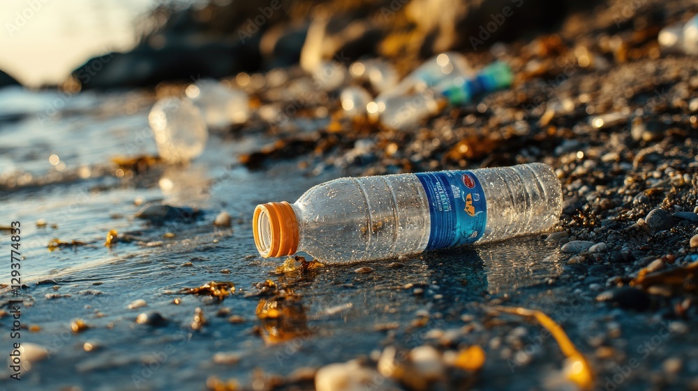 Poster a close-up of plastic bottles and trash left in tide pools at a beach, showcasing environmental dama