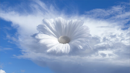 Daisy flower in cloud shape in cloudy blue sky among clouds. Festive atmospheric skyscape