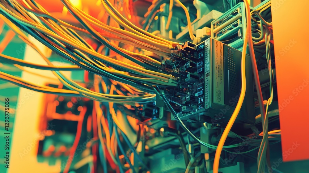 Poster A close-up view of tangled network cables leading to a managed switch, set in a high-tech data center environment with advanced equipment and infrastructure