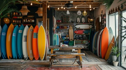 A lively surf shop showcases an array of colorful surfboards neatly arranged along the walls. Cozy seating areas invite visitors to relax and browse various surfing essentials.