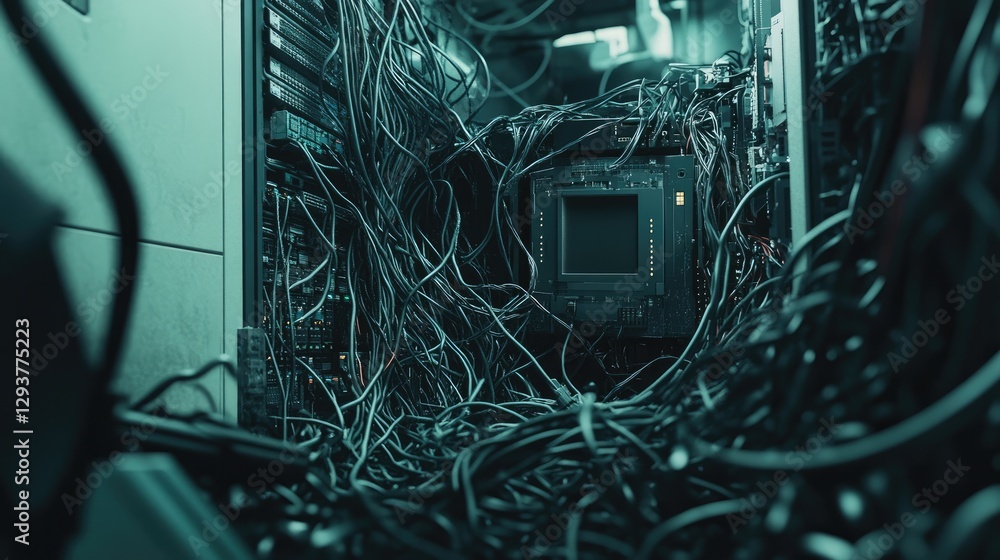 Poster A cluttered scene with network cables tangled around a managed switch in a modern data center, representing the intricate design of tech systems