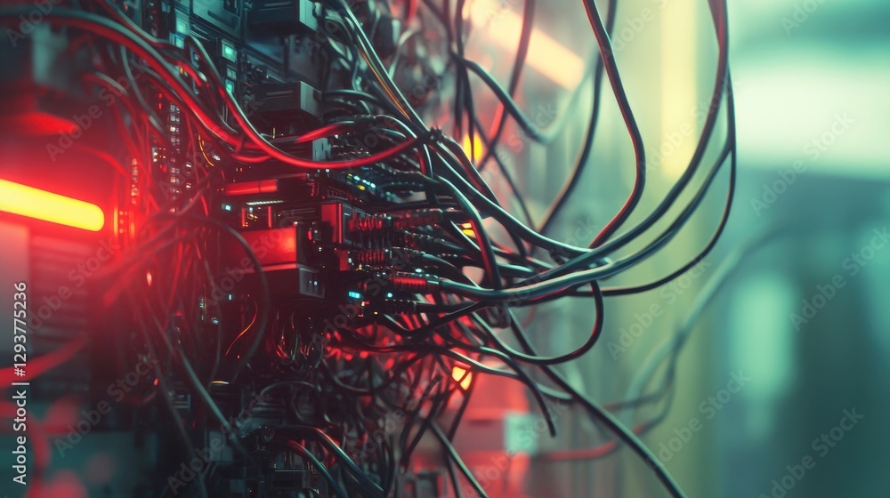 Poster A cluttered scene with network cables tangled around a managed switch in a modern data center, representing the intricate design of tech systems
