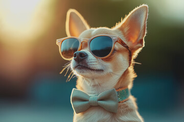 Naklejka premium Dog wearing sunglasses and a bow tie sitting on a sunny outdoor patio with a playful expression