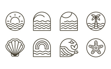 Bohemian Linear Logos and Icons Featuring Ocean, Sun, Seashells, and Palm Trees