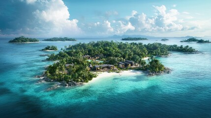 Fototapeta premium A collection of islands with lush landscapes, crystal-clear waters, and a timeless sense of island existence