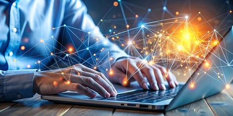 Person working on a laptop with digital network overlay