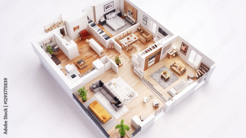 Poster a comprehensive 3d illustration of a house floor plan, viewed from above, providing a clear view of 