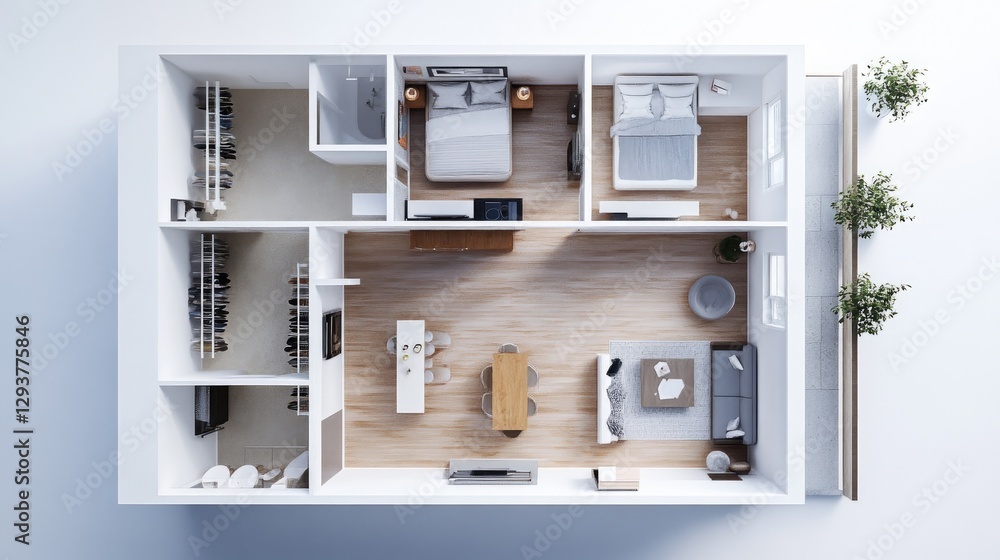 Poster a comprehensive 3d illustration of a house floor plan, viewed from above, providing a clear view of 