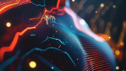 A closeup of smart clothing embedded with advanced sensors revealing holographic overlays of muscle activity and strain patterns during exercise with vibrant lines and graphs illustrating