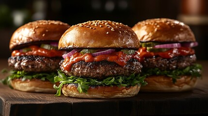 Elegant studio photograph capturing a gourmet slider trio featuring three miniature burgers, each expertly topped with distinct gourmet ingredients and specialty sauces, vibrant colors,