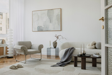 Contemporary living room with a mix of organic forms, neutral tones, and soft sculptural elements for a serene ambiance.