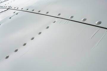 Abstract close-up of jet riveted aluminum tail, textured metal against smooth matte white paint
