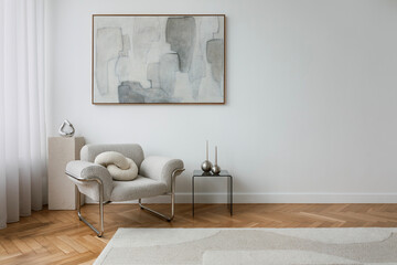Elegant living space with an abstract painting, boucle lounge chair, and soft natural light.