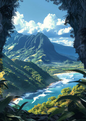 Scenic tropical valley with lush mountains and ocean waves
