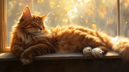 A majestic Maine Coon cat lounging by a sunlit window,