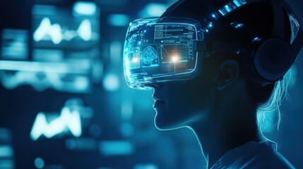 A closeup of a futuristic headset worn by a patient revealing a glowing holographic interface projected in front of them. The interface displays a virtual doctor providing guidance