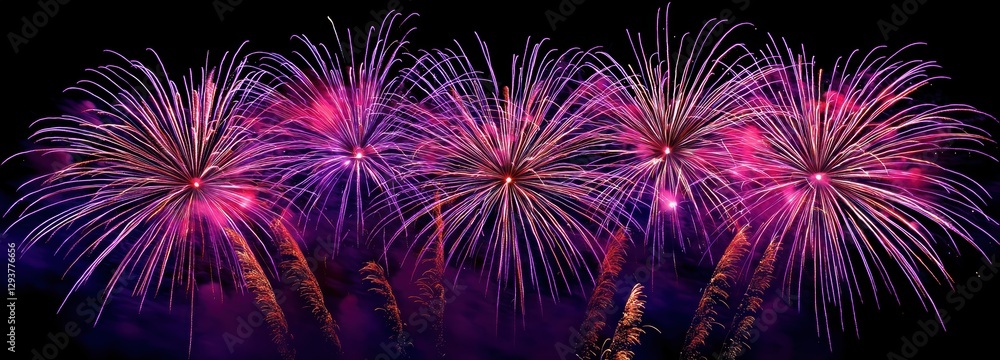 Poster fireworks exploding, illuminating the night sky with vibrant bursts of purple and red light