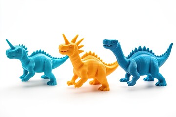 Colorful dinosaur toys in playful poses showcase imaginative des