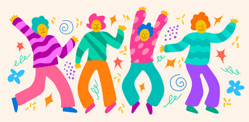 Dancing cheerful people men and women vector colorful illustration. Flat design. Doodle, holiday, fun, party.