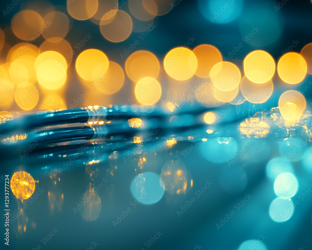 Poster close-up of illuminated wires with bokeh background showcasing blurred golden and blue lights. this 