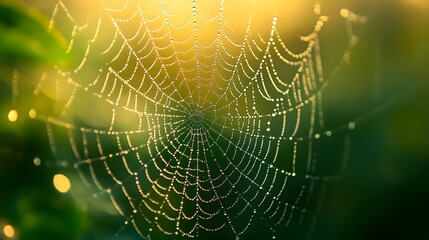 Macro shot of a dew-covered spider web highlights realistic strands and dew drops in soft golden morning light against a green background, offering an intricate close-up view of nature’s detail.