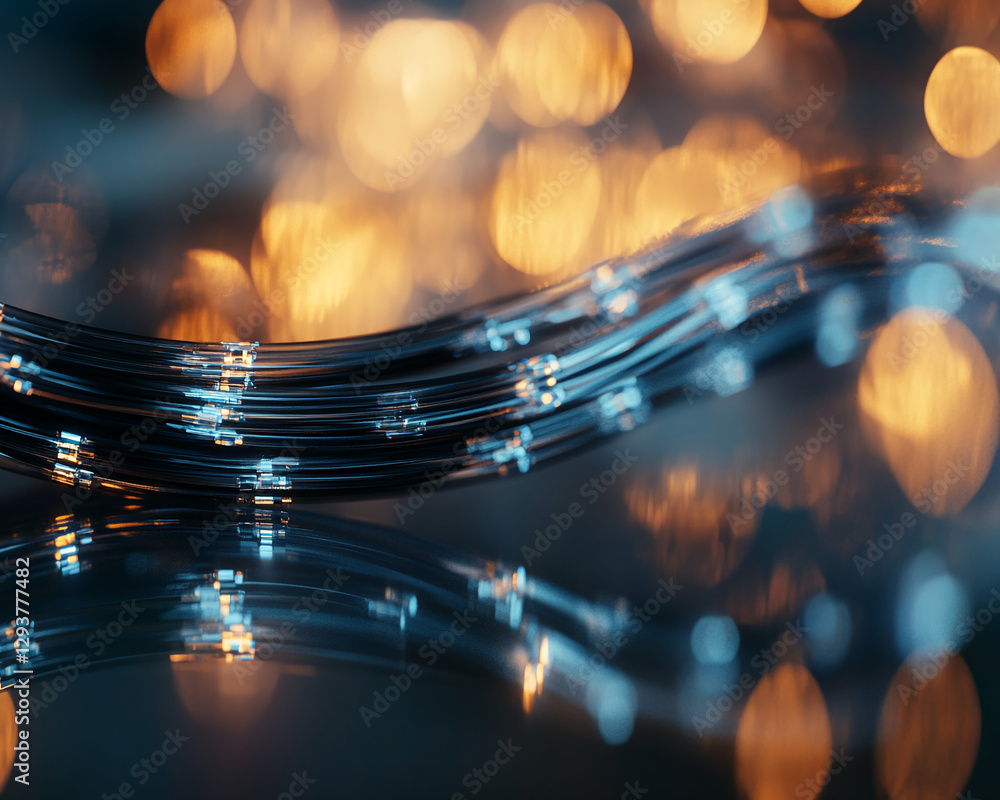 Poster Close-up image of coiled cables with illuminated bokeh lights in the background, symbolizing modern technology, connectivity, and digital communication.