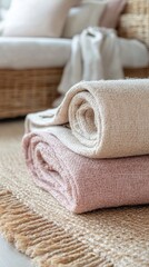 Close-up of pastel pink and beige jute rug rolls stacked before wicker furniture in a cozy boho-inspired interior