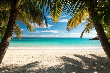 Tranquil beach scene framed by lush palm leaves and shimmering t