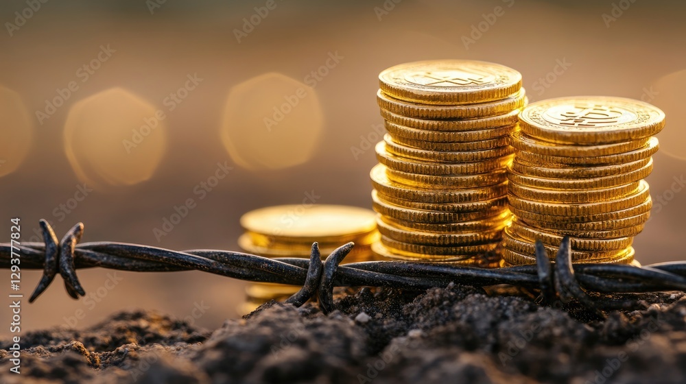 Aufkleber a delicate stack of golden coins rests atop sharp barbed wire, symbolizing the fine line between wea