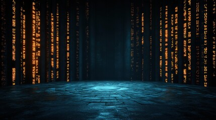 Futuristic Digital Environment with Glowing Code Patterns and Mysterious Atmosphere