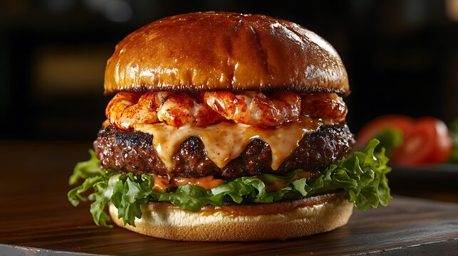 Exquisite professional studio image of a signature surf-and-turf burger, emphasizing textures of tender beef patty, succulent lobster meat with buttery glaze, creamy sauce drizzle,