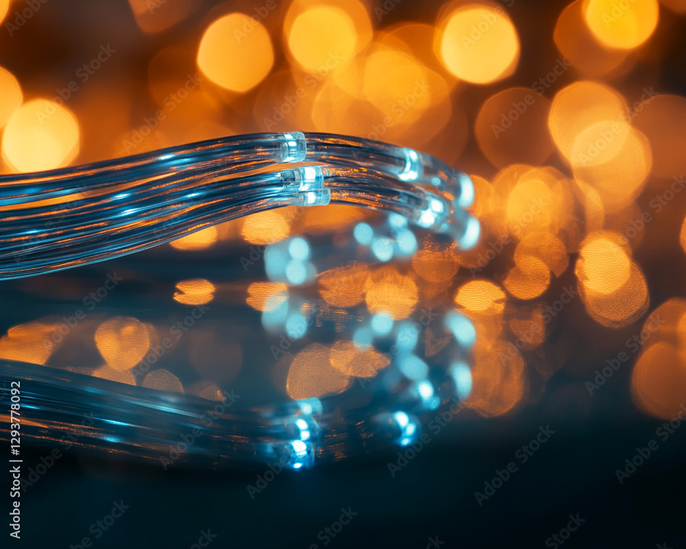 Poster close-up of illuminated fiber optic cables on a reflective surface with a blurred orange bokeh light