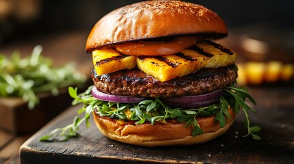 Exquisite professional studio photograph of a gourmet vegan burger topped elegantly with ripe avocado slices, vibrant sprouts, grilled pineapple ring, crisp red onion slices, rich vegan cheese,