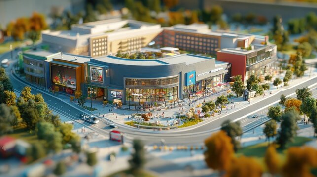 A detailed 3D maquette model showing a shopping mall expansion with added stores, dining, and entertainment areas