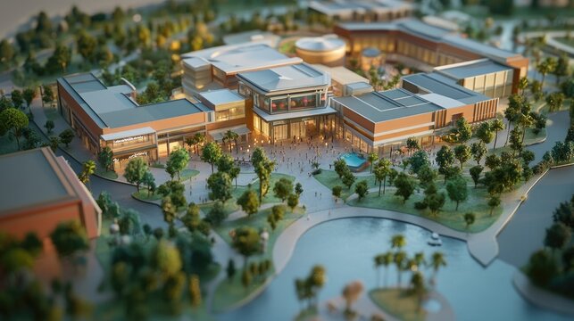 A detailed 3D maquette model showing a shopping mall expansion with added stores, dining, and entertainment areas