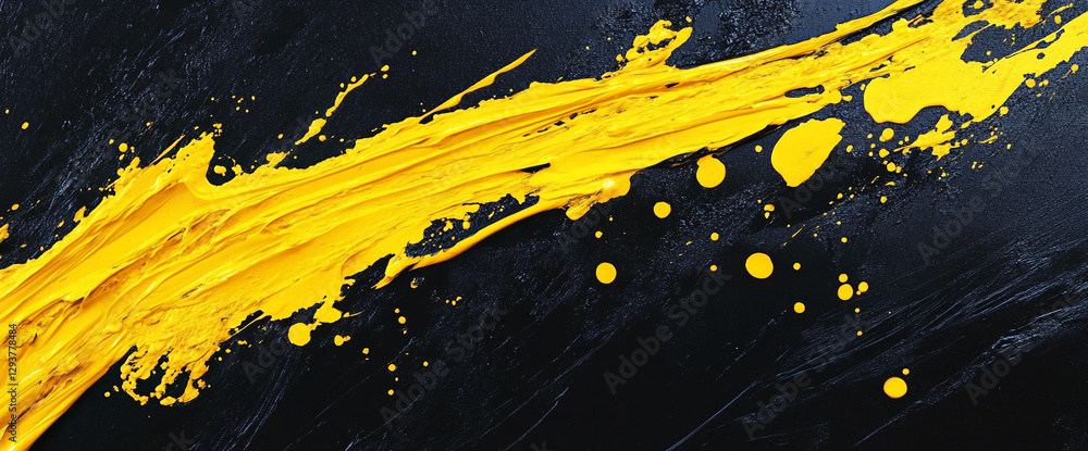 Poster close-up of yellow paint strokes and splatters on a dark canvas background, showcasing an abstract, 