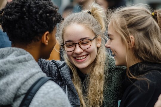 Young people support each other at a student event, exchanging reassuring words. 