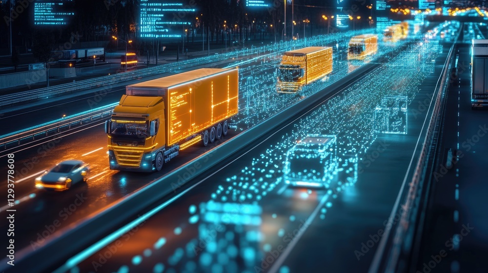 Poster a digital logistics concept with trucks on a connected network, illustrating the future of efficient