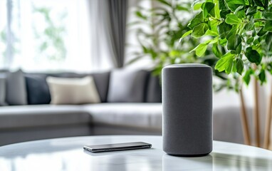 Smart Speaker on Coffee Table in Stylish Modern Living Room with Smartphone Nearby
