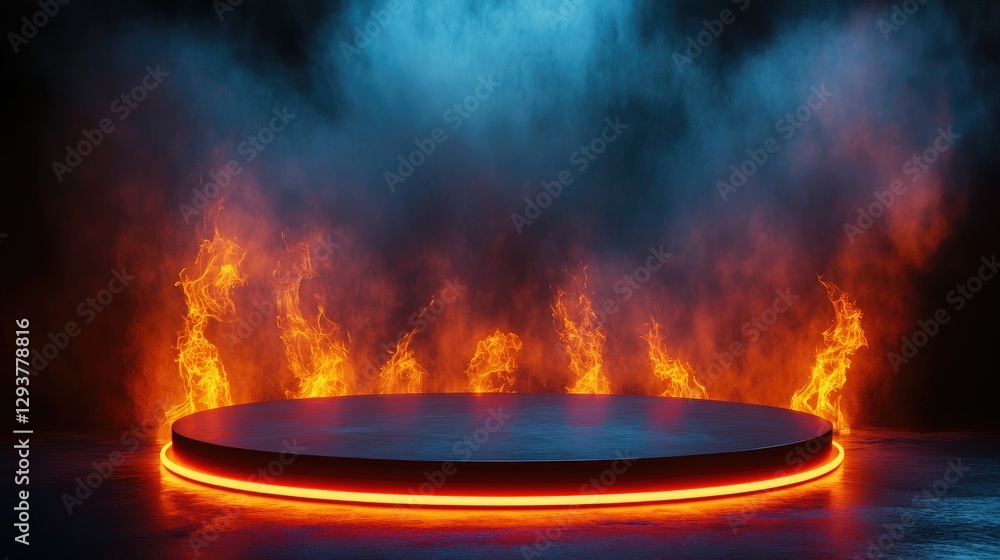 Poster A dramatic round podium illuminated by fire flames in a dark environment, creating an intense and futuristic visual for high-energy presentations