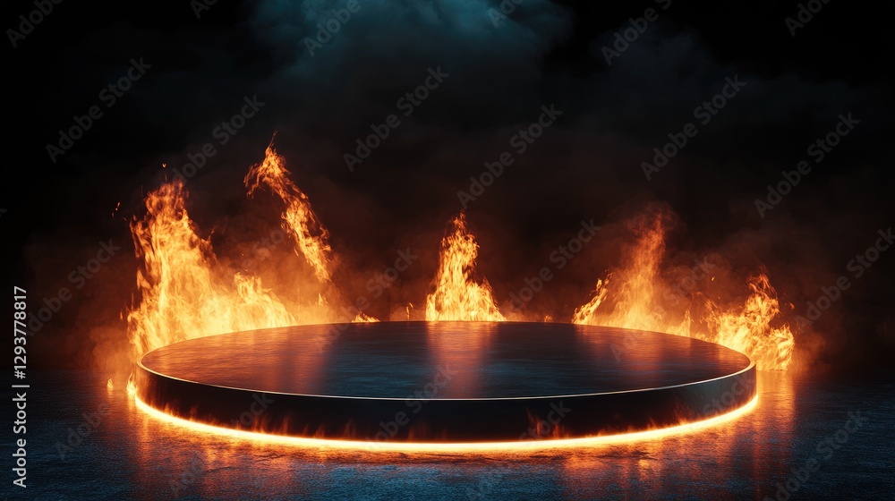 Poster a dramatic round podium illuminated by fire flames in a dark environment, creating an intense and fu
