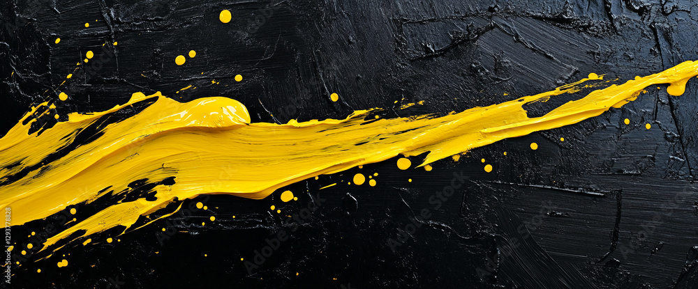 Aufkleber Close-up of a yellow paint streak with splatters on a black canvas, creating an abstract dynamic effect. The image symbolizes creativity and artistic expression with bold color contrast.
