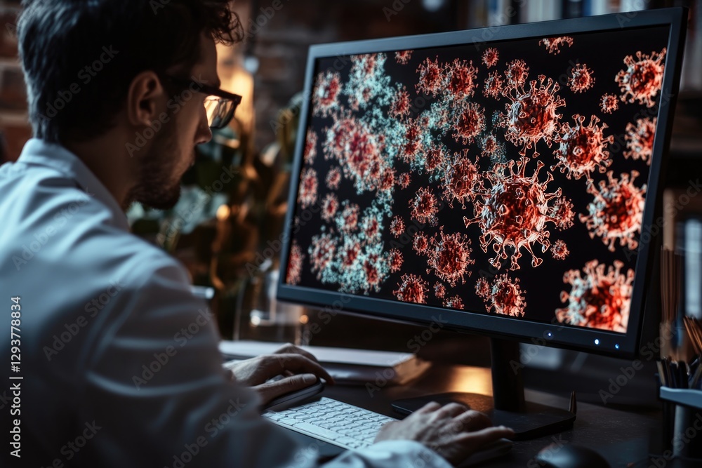 Poster focused researcher analyzing intricate virus patterns on compute