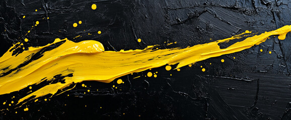Close-up of a yellow paint streak with splatters on a black canvas, creating an abstract dynamic effect. The image symbolizes creativity and artistic expression with bold color contrast.