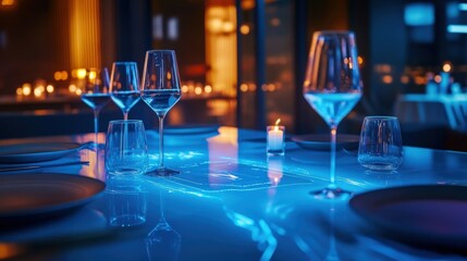 In a futuristic dining area a hologram displays a romantic setting with flickering candlelight effects causing the smart lights to softly pulse and adapt enhanced by the shimmering