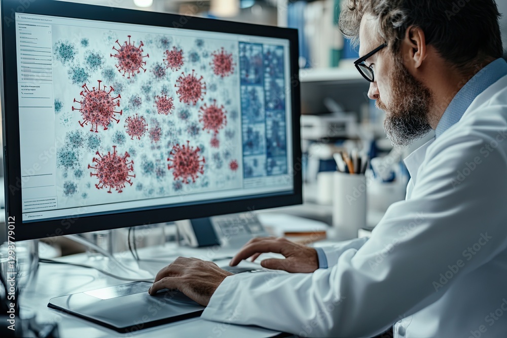Fototapete Scientist analyzes complex data on computer screen, focusing on