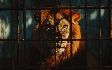 Lion in cage, captive, zoo, looking at camera, conservation issue