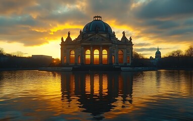 Obraz premium Sunset over park pavilion reflecting in pond