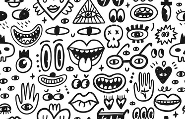Seamless pattern with cute doodle cartoon characters, eyes, mouths and mascot elements. Hand drawn vector set. Cartoon faces collection
