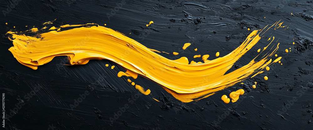 Poster yellow paint stroke with splatters on a black canvas, abstract expressionism artwork symbolizing cre